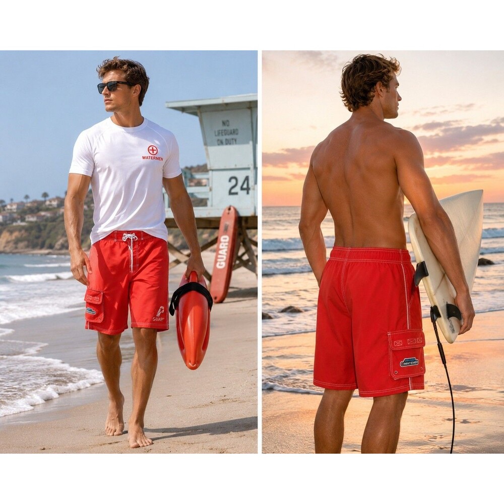 Original Watermen Guard Swim Trunks Mens M Red Surf Board Shorts Stretch